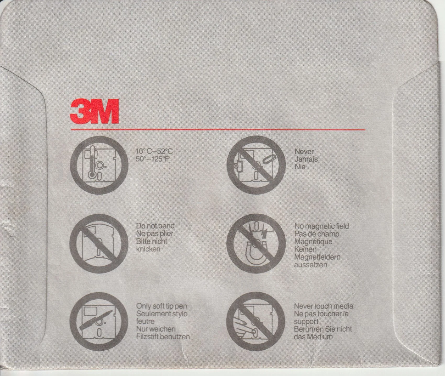 a vintage floppy disk sleeve from 3M. Cat. no.: 3M-525-008 - Back