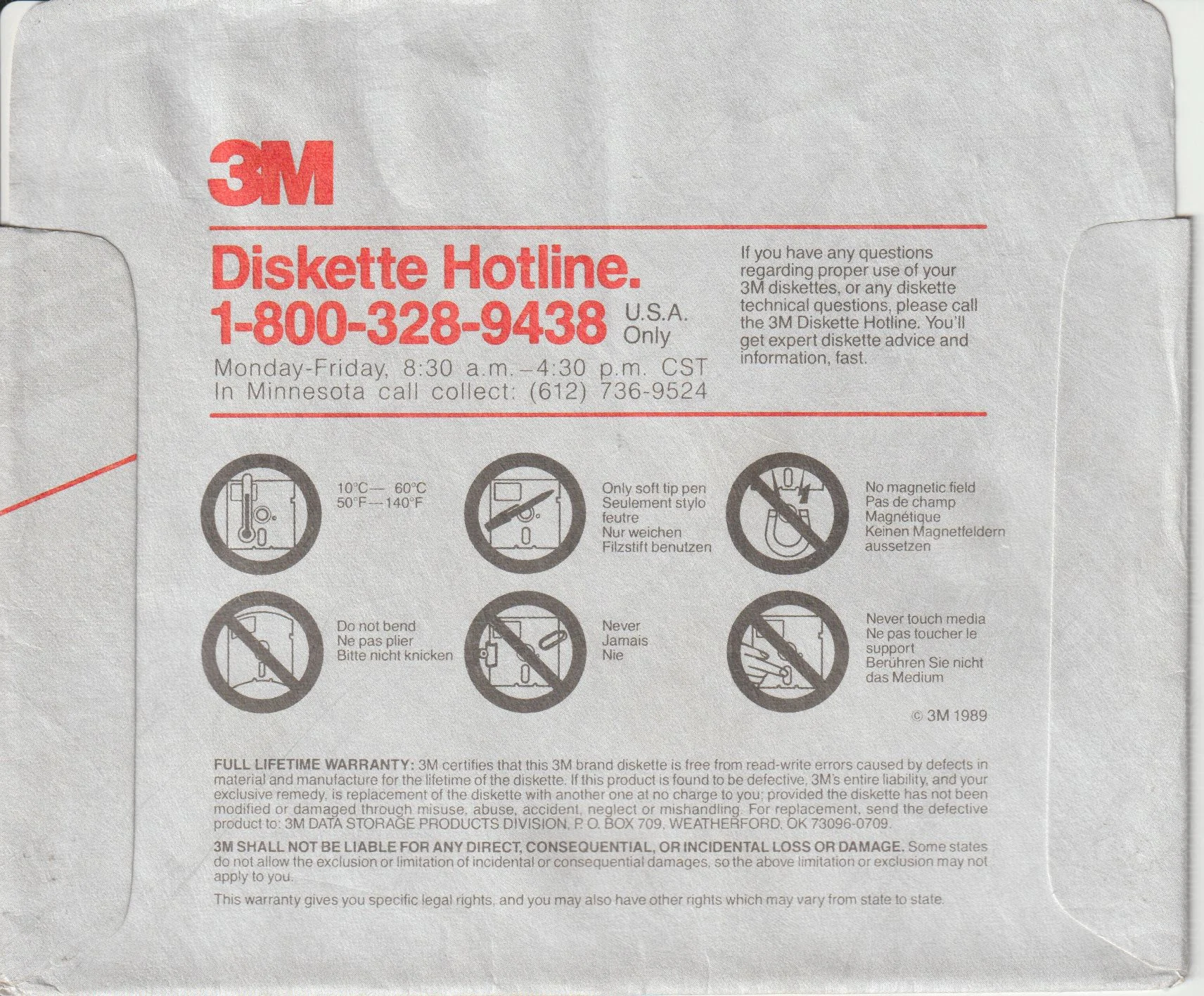 a vintage floppy disk sleeve from 3M. Cat. no.: 3M-525-010 - Back